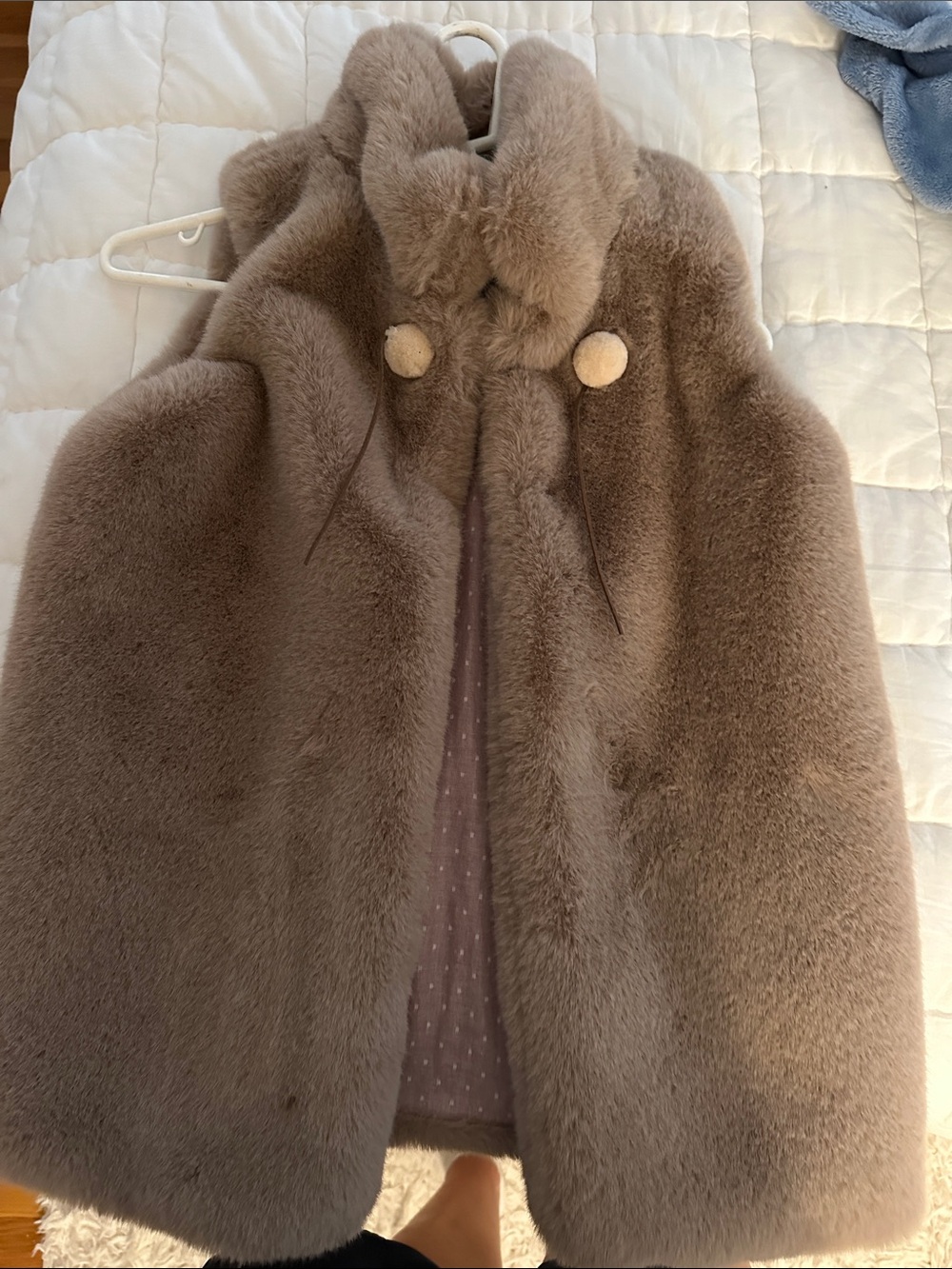 Girls Taupe Faux-Fur Hooded Vest with Pom Detail